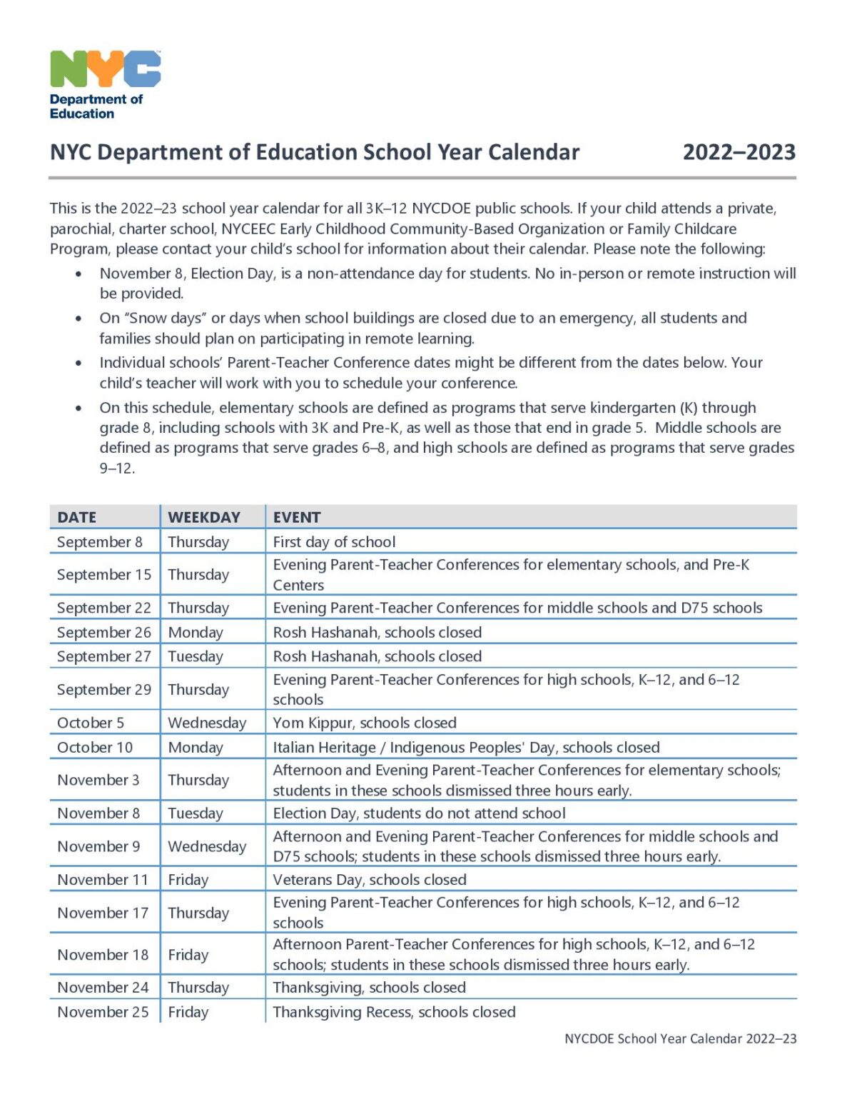 New York City School District Calendar Holidays 2023 School Calendar Info