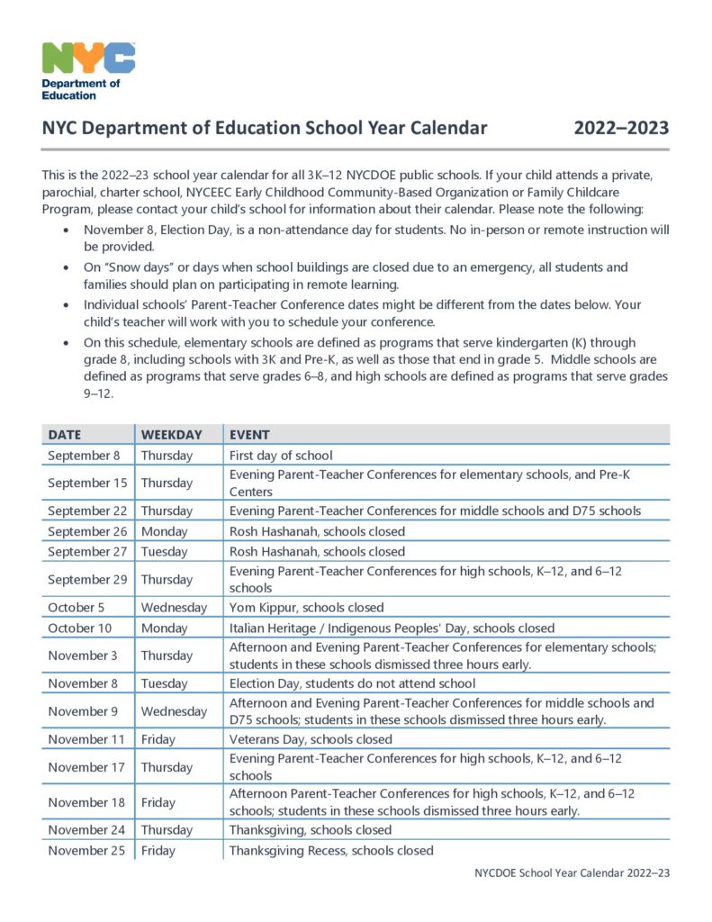 New York City School Calendar 2025