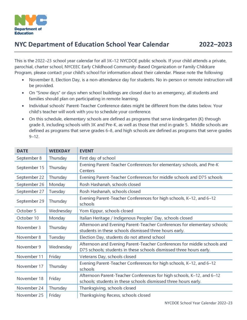 New York School Calendar 2025