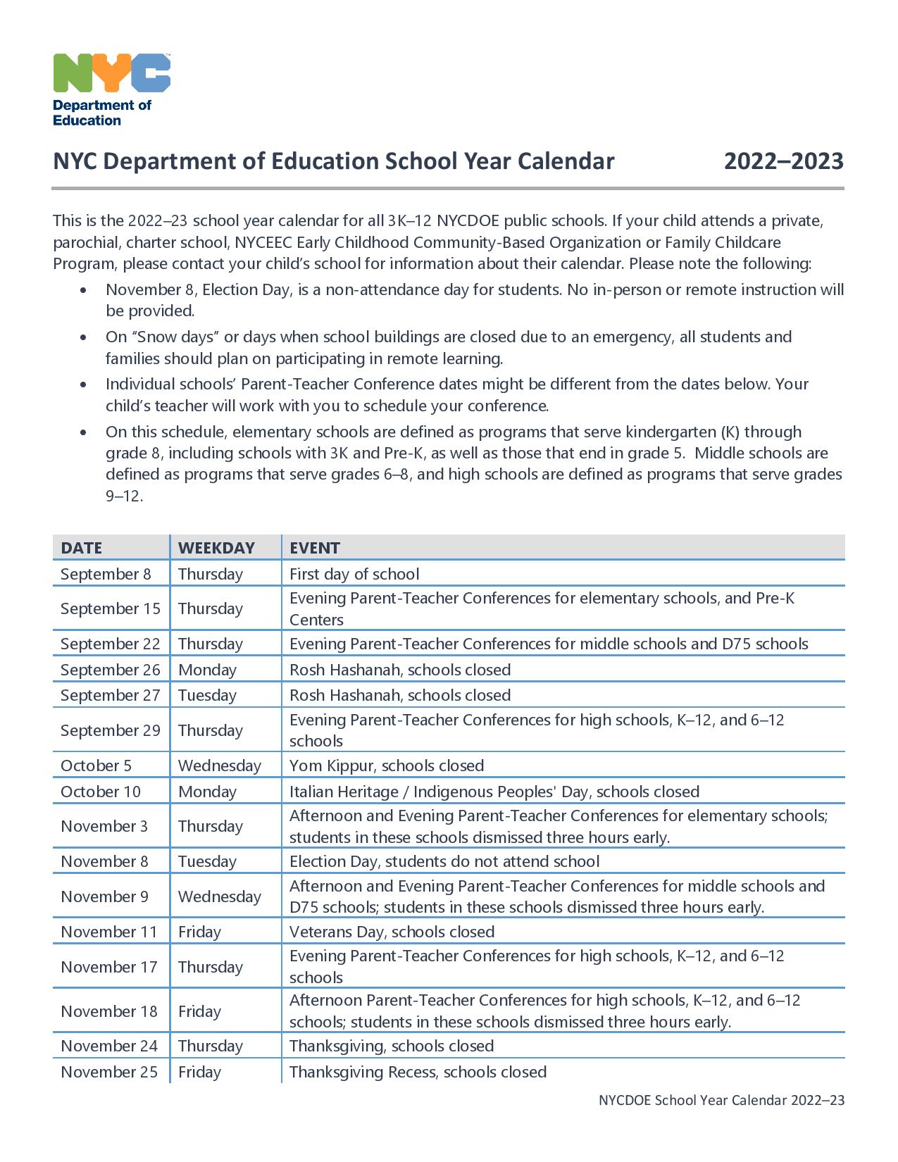 New York City School District Calendar Holidays 2023 School Calendar Info