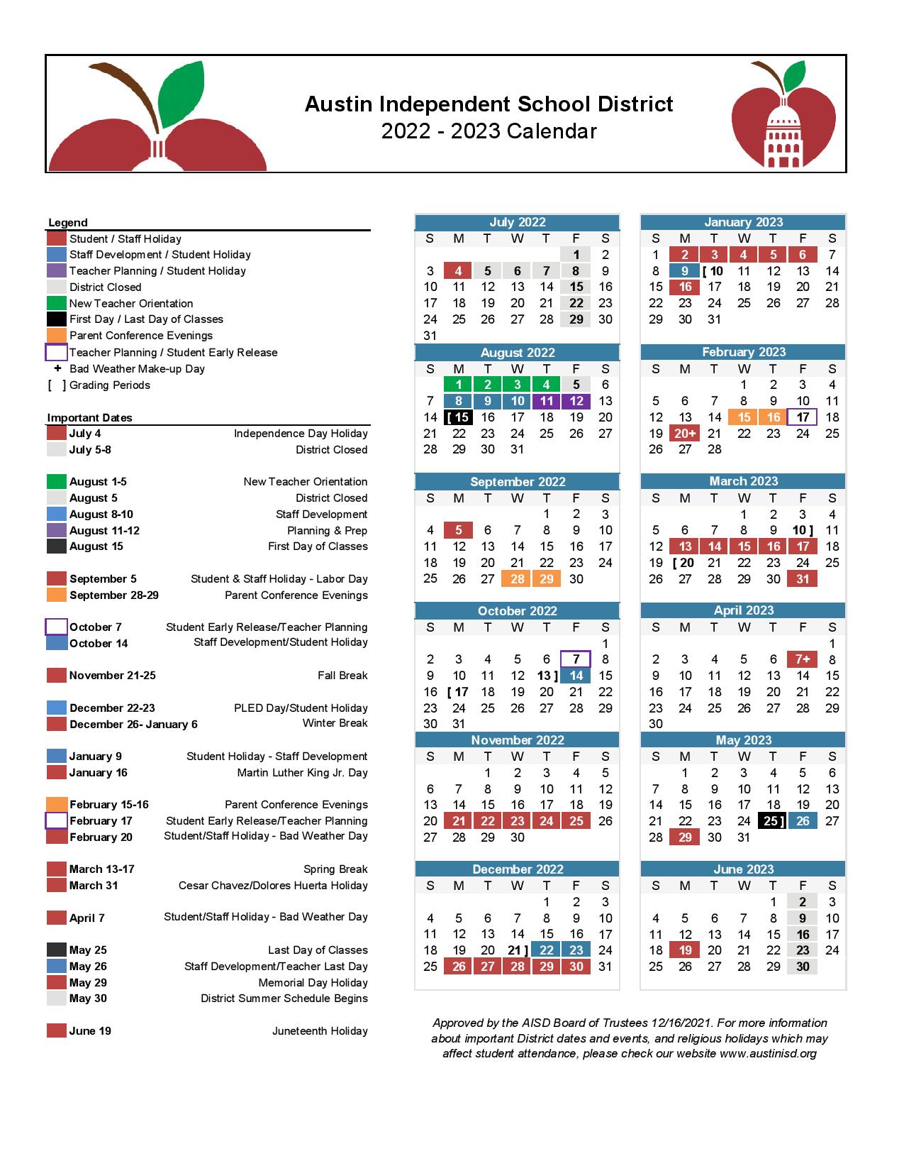 Austin Independent School District Calendar Page 001 
