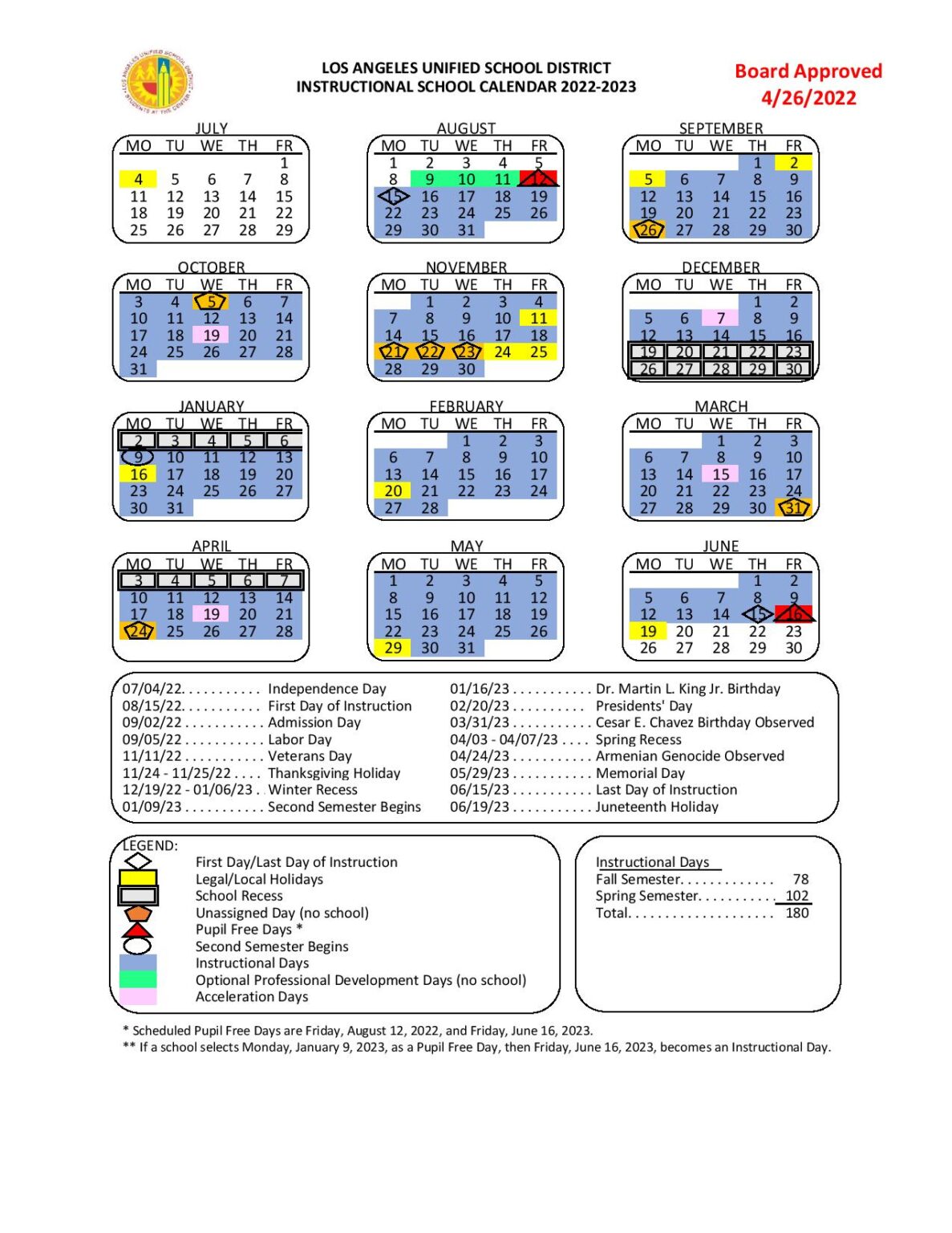 Los Angeles Unified School District Calendar Holidays 2022-2023 ...