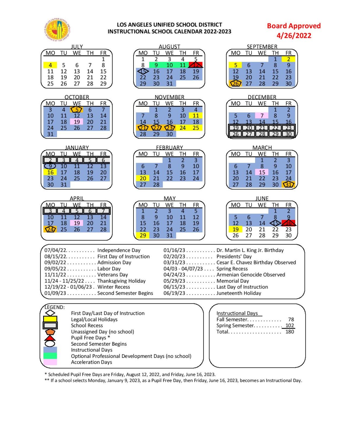 Los Angeles Unified School District Calendar Holidays 2022-2023