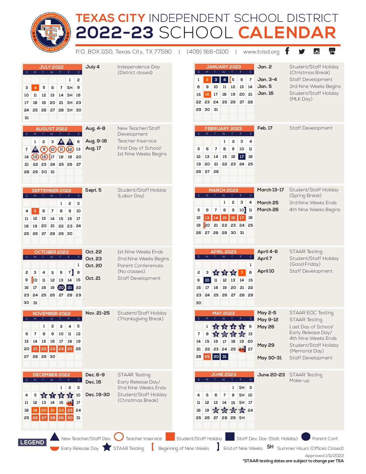 Texas City Independent School District Calendar Holidays 20222023
