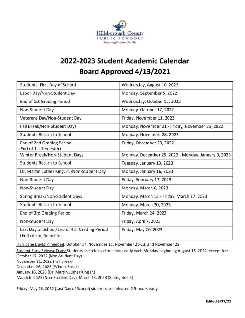 Hillsborough County Public Schools Calendar Holidays 2022-2023