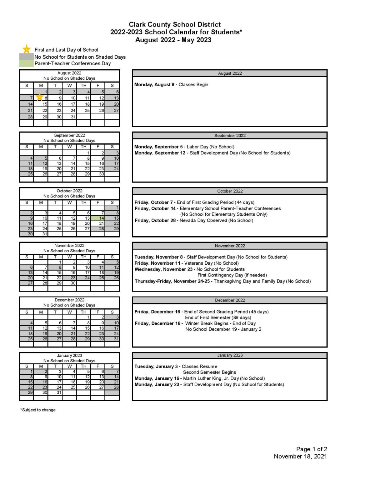 Clark County School District Calendar Holidays 2022-2023 PDF