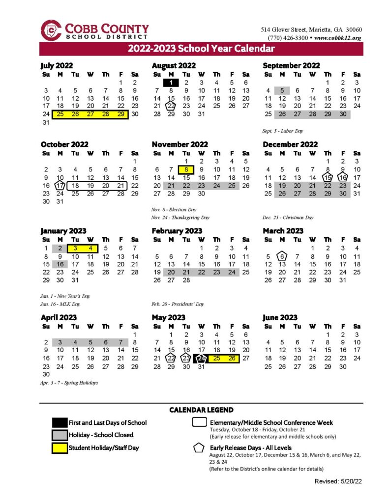 Cobb County School District Calendar Holidays 2022 2023