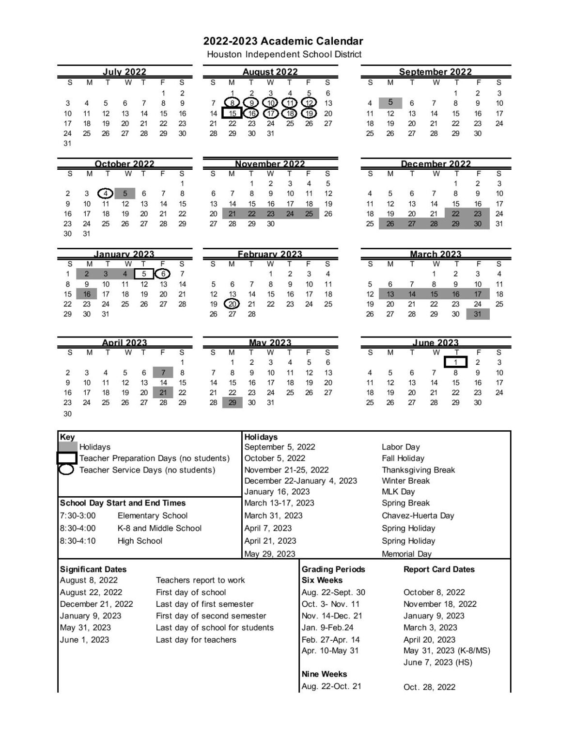 Houston Independent School District Calendar 20222023 PDF