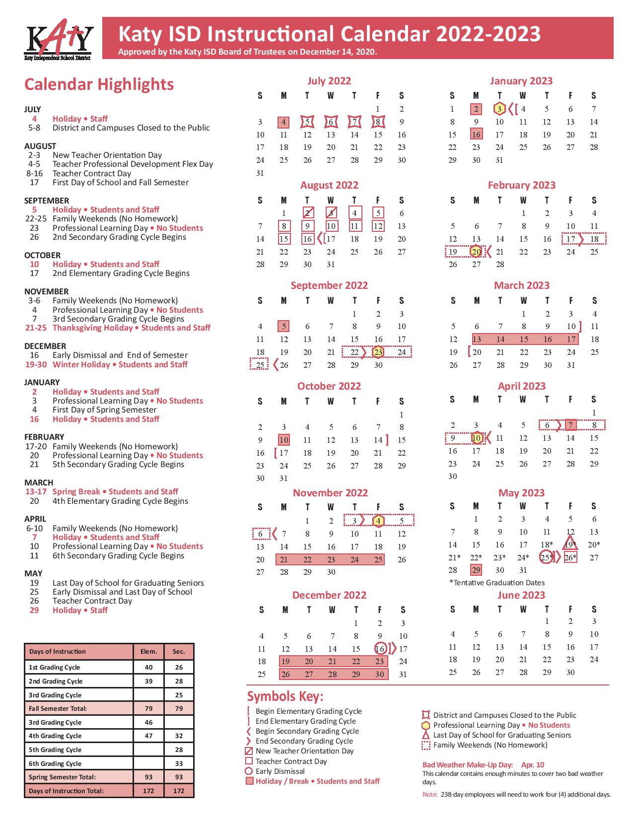 Katy Independent School District Calendar Holidays 2022 2023