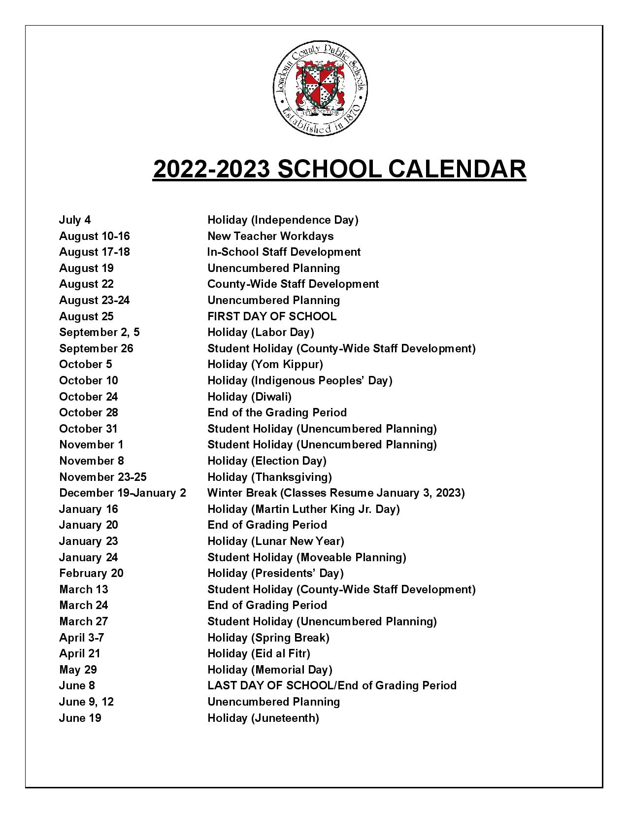 Loudoun County Public Schools Calendar Holidays 2022 2023