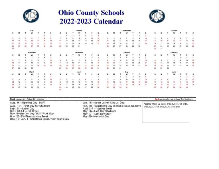 Ohio County Schools Calendar Holidays 2023 School Calendar Info