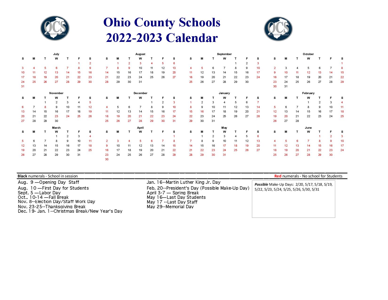 Ohio County Schools Calendar Holidays 20232024 PDF
