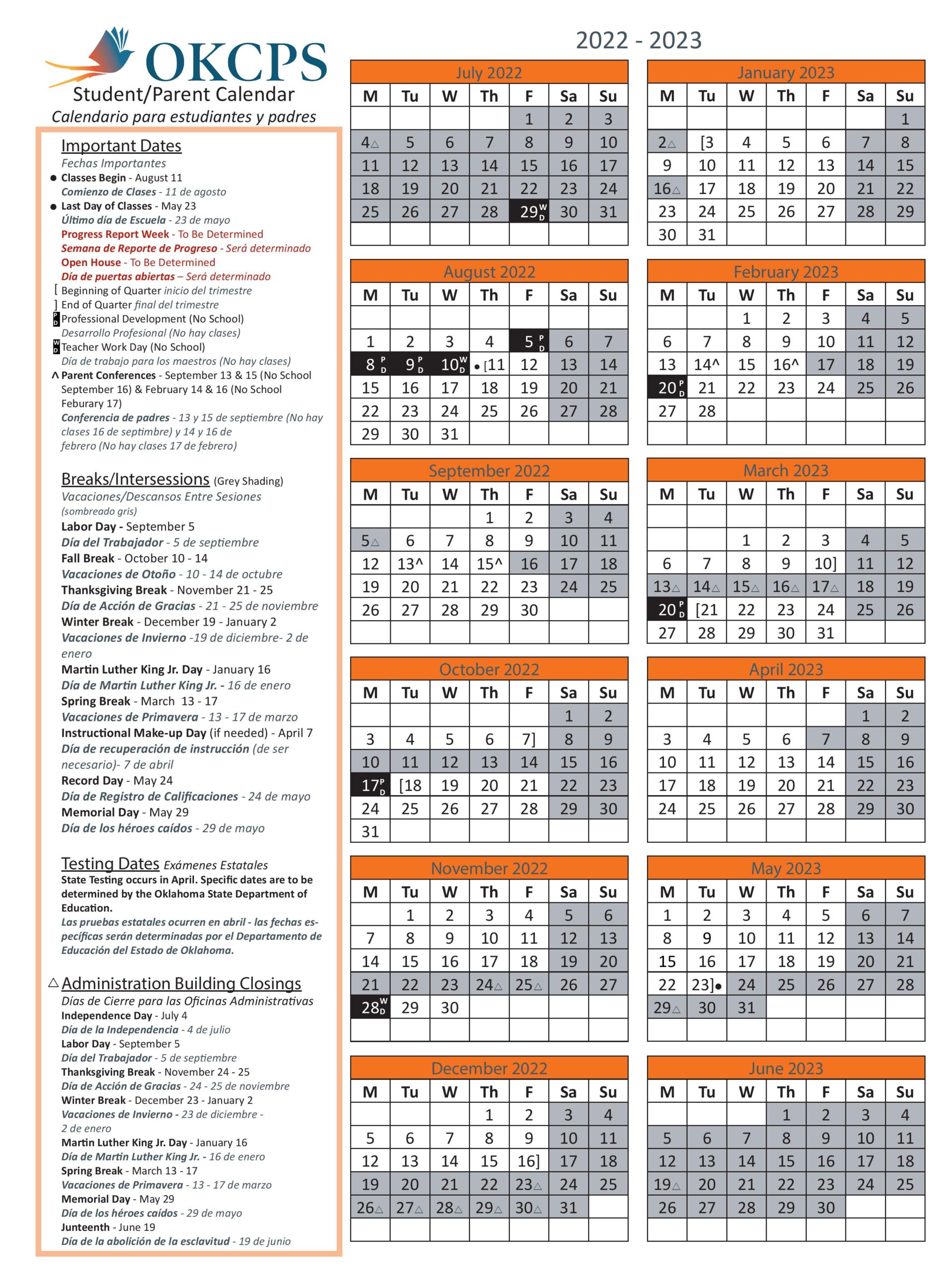 Oklahoma City Public Schools Calendar Holidays 2022-2023 PDF