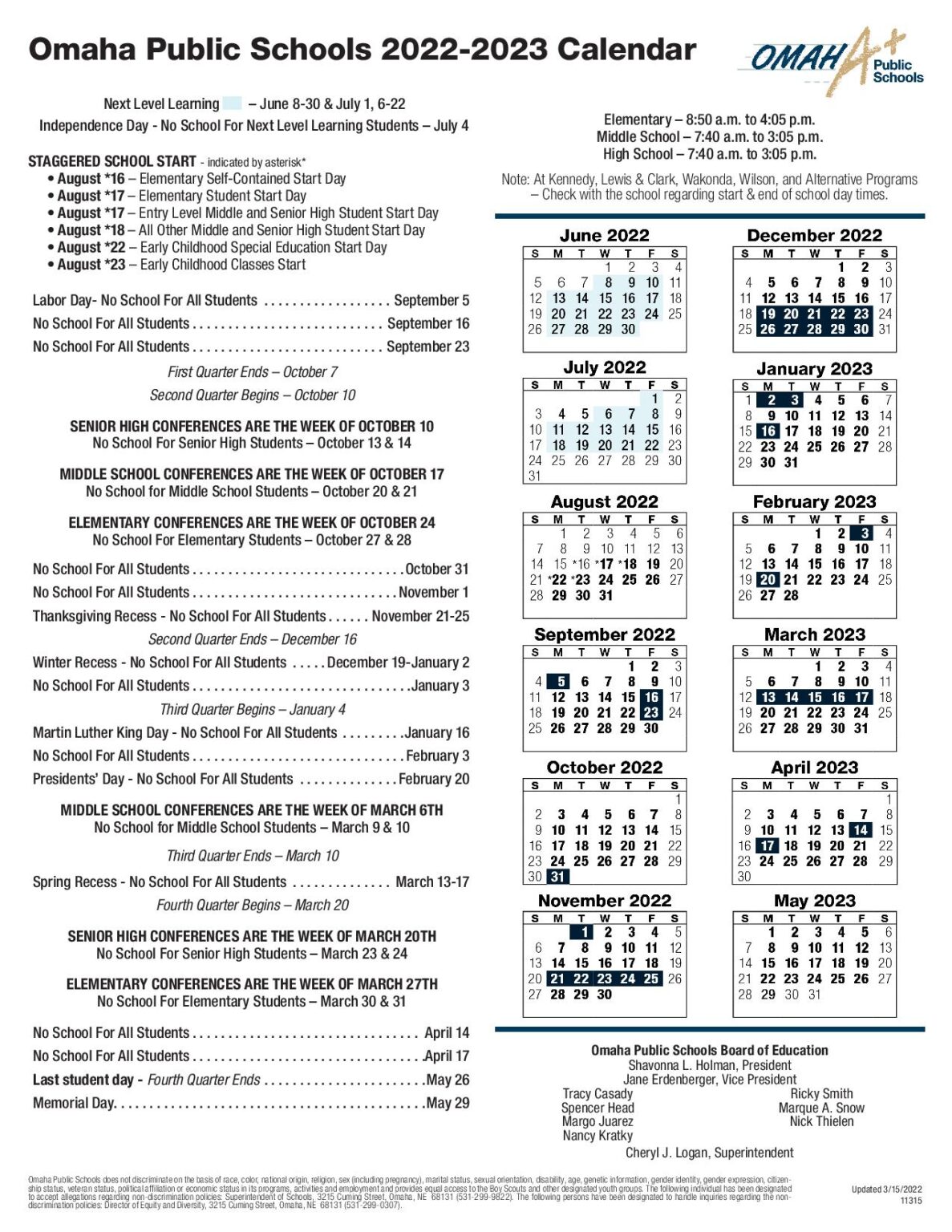 Omaha Public Schools Calendar Holidays 20222023 PDF