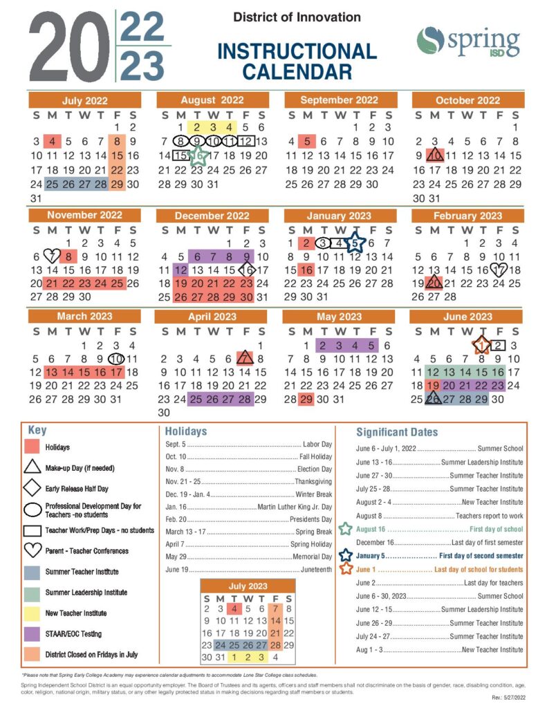 Spring Independent School District Calendar Holidays 2022-2023