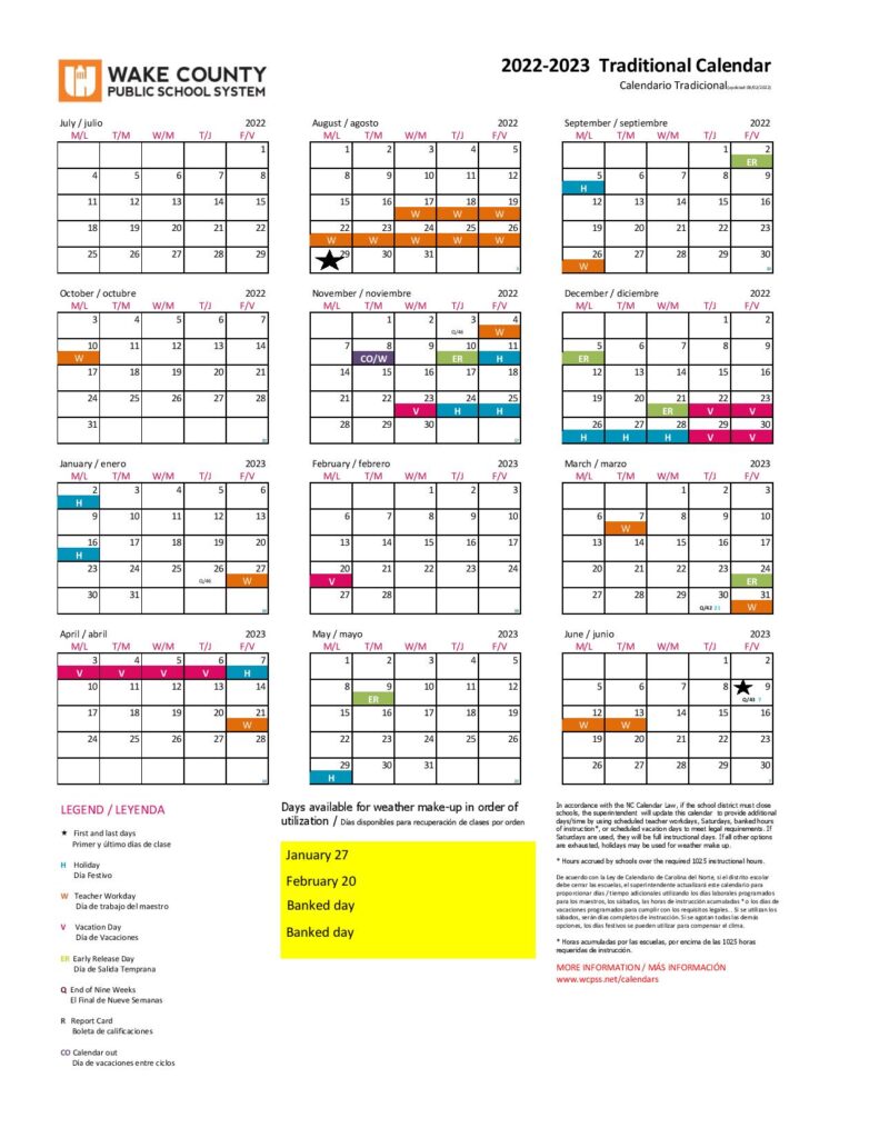 Wake County Public Schools Calendar Holidays 20222023 PDF