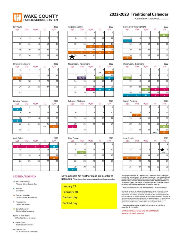 Wake County Public Schools Calendar Holidays 2022-2023 PDF