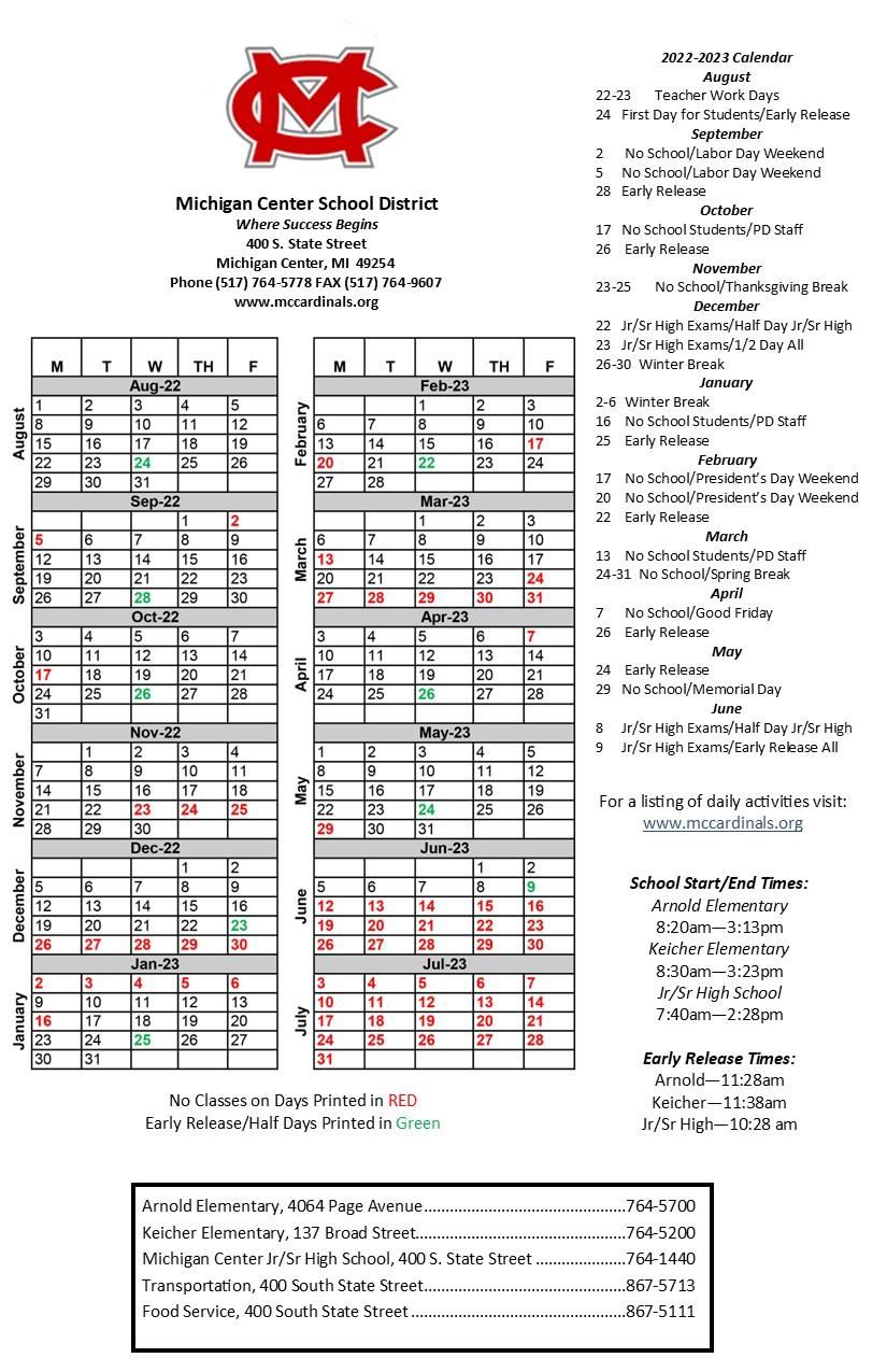 Michigan Center Schools Calendar Holidays 2023