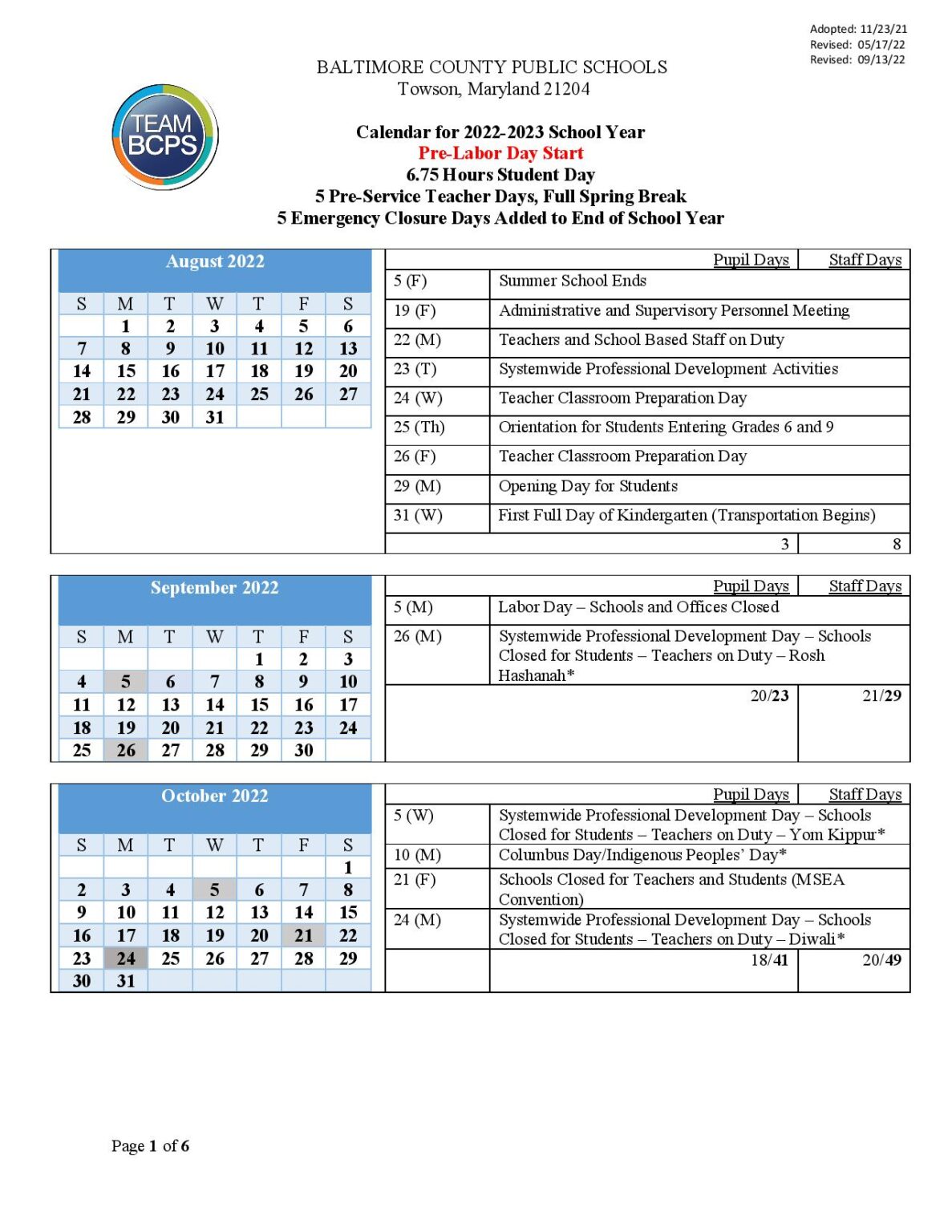 Baltimore County Public Schools Calendar Holidays 2022 2023