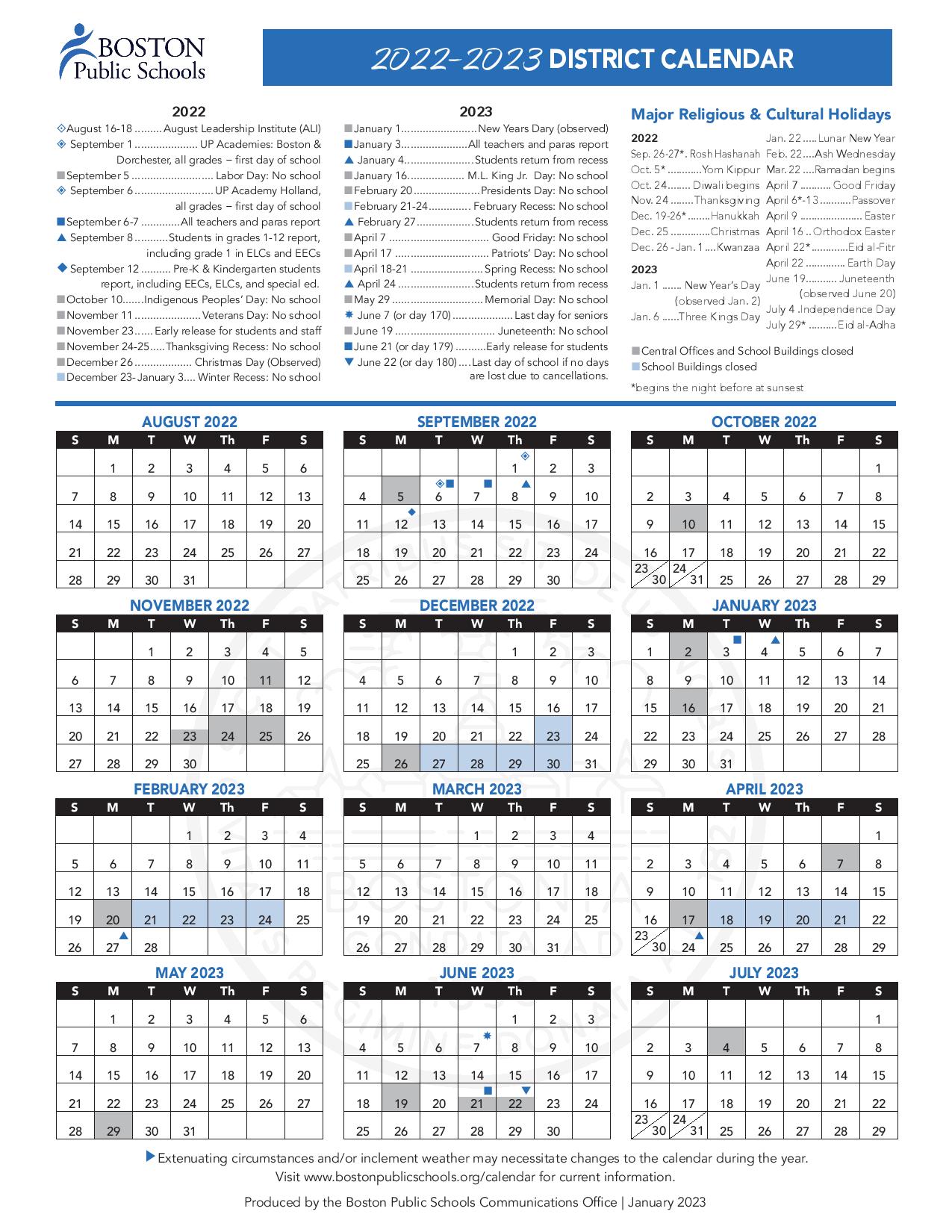 Boston Public Schools Calendar Holidays 2022-2023 PDF