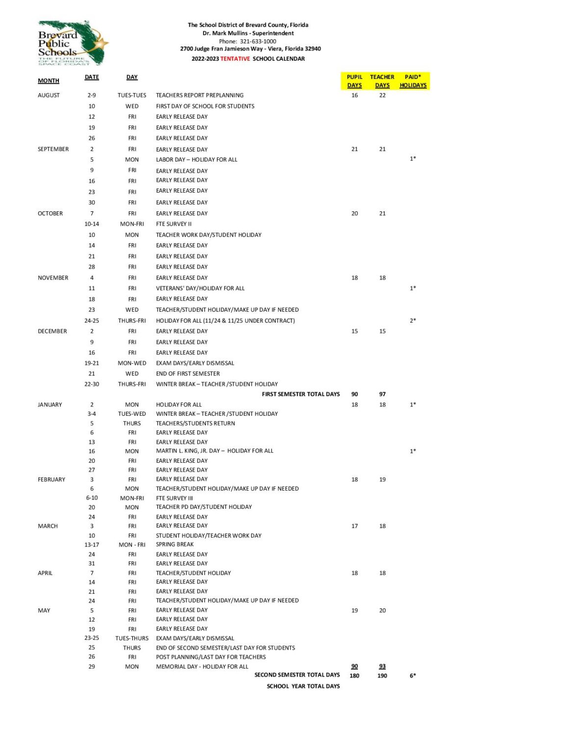 Brevard Public Schools Calendar Holidays 2022 2023 PDF