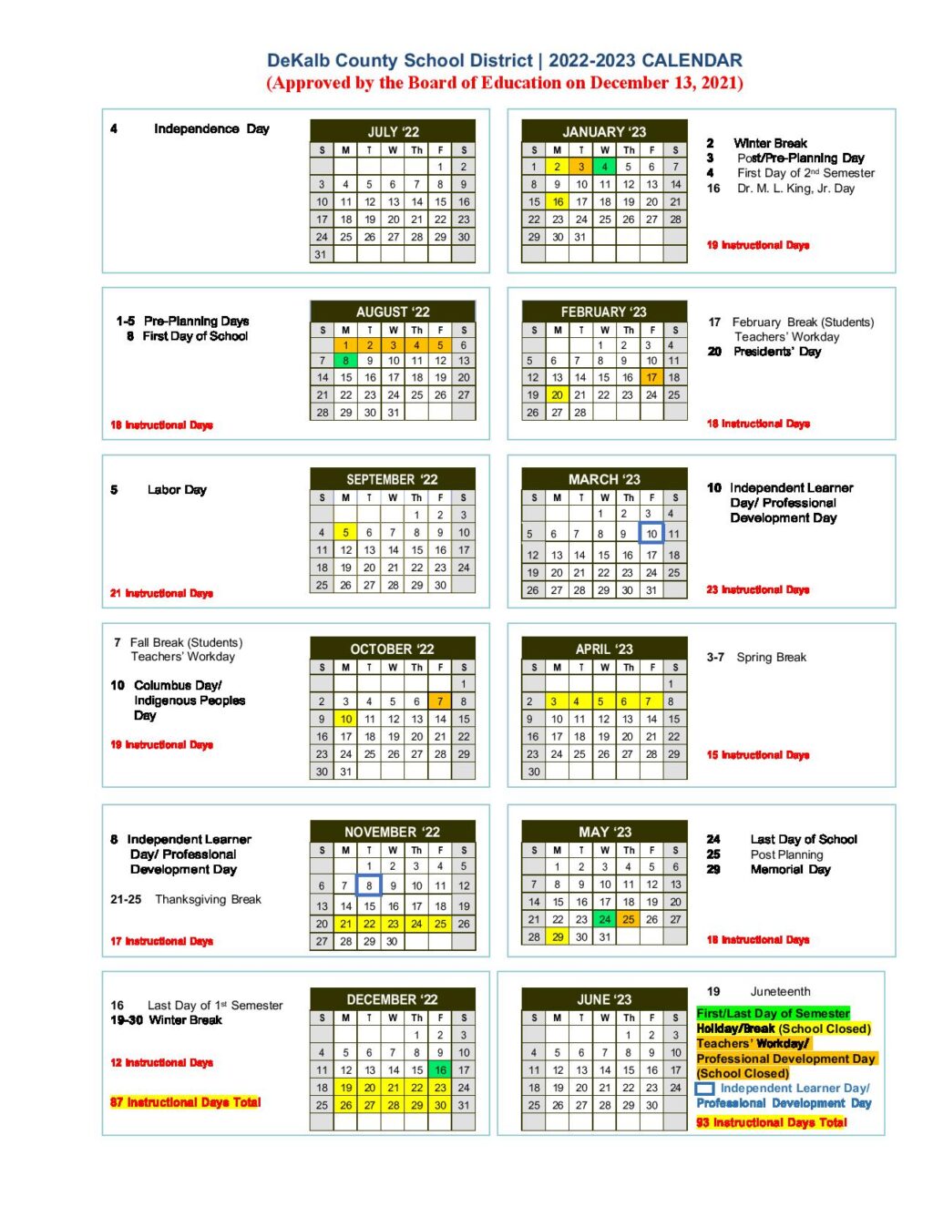 DeKalb County School District Calendar Holidays 20222023
