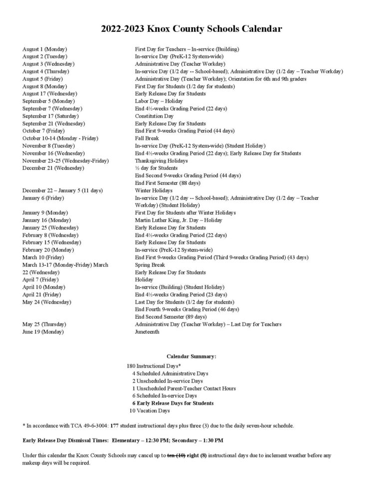 Knox County Schools Calendar Holidays 2022 2023 PDF
