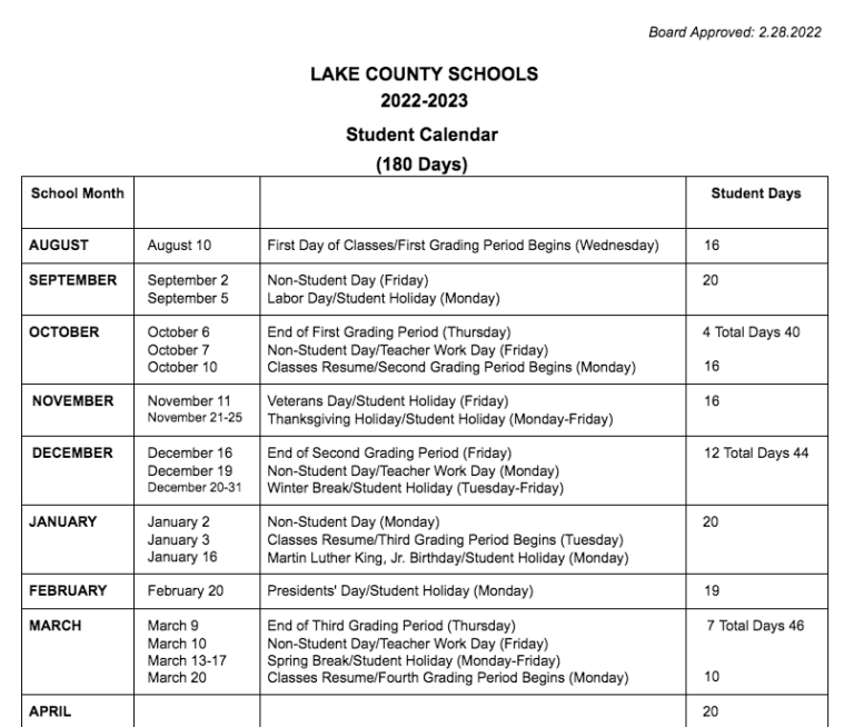 Lake County Schools Calendar Holidays 20222023 PDF
