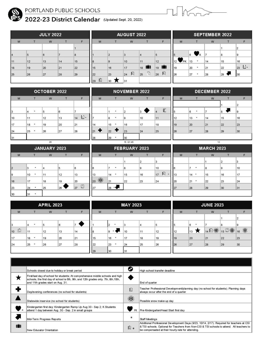 Portland Public Schools Calendar Holidays 2022-2023 PDF