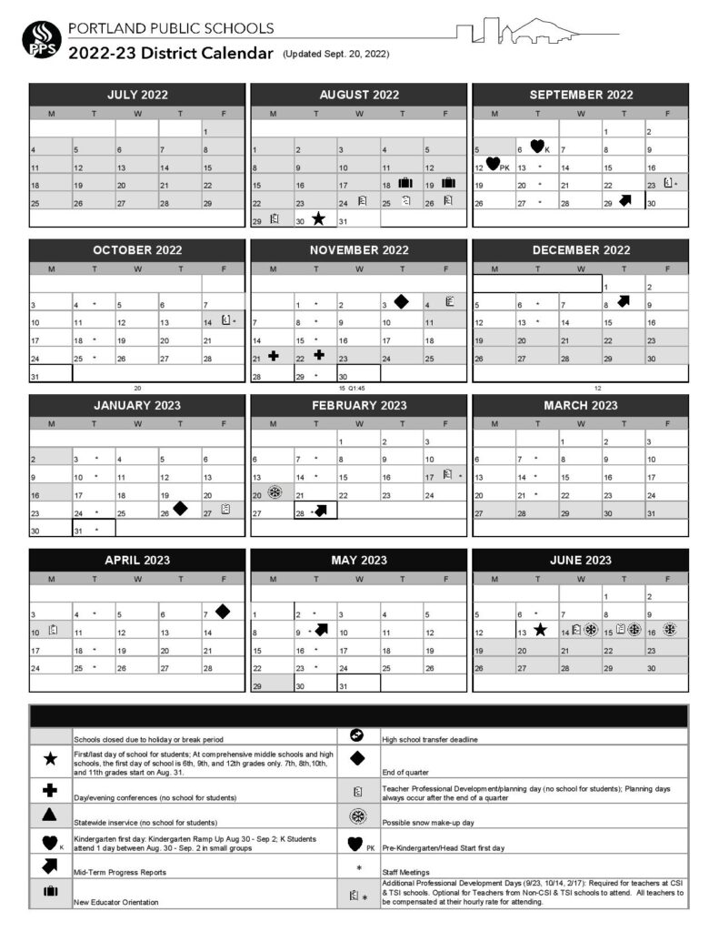 Portland Public Schools Calendar 2022-2023