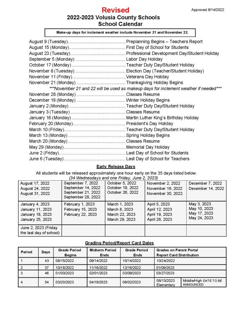 Volusia County Schools Calendar Holidays 2022 2023 PDF