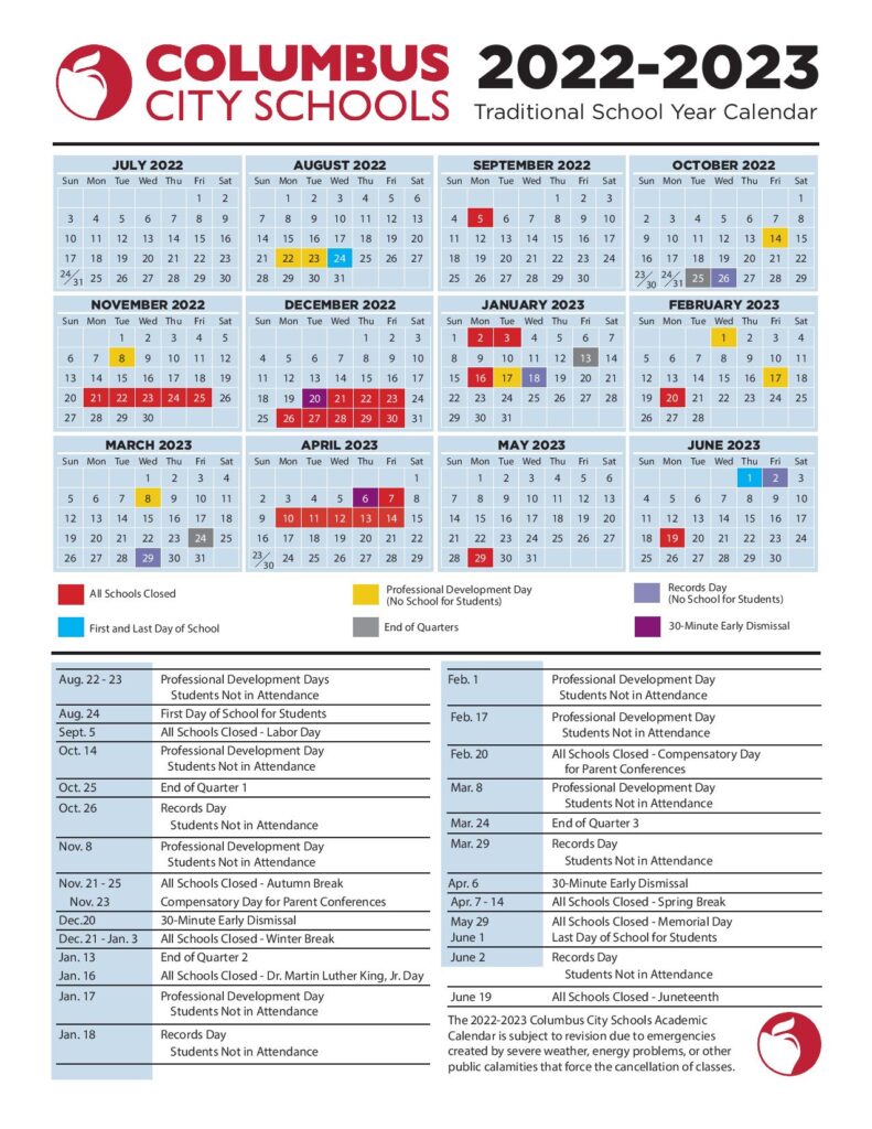 Columbus City Schools Calendar Holidays 2022-2023 PDF