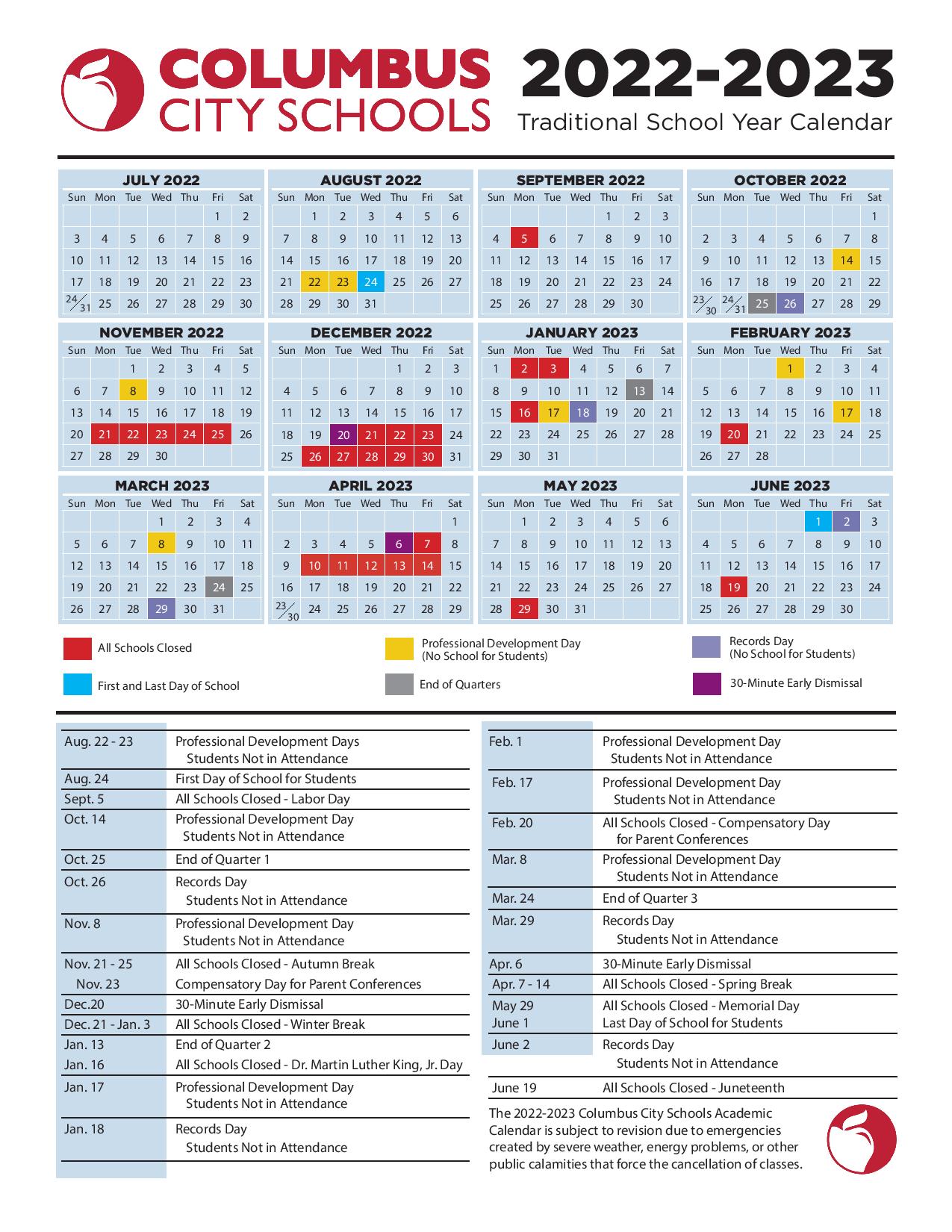 Columbus City Schools Calendar Holidays 20222023 PDF