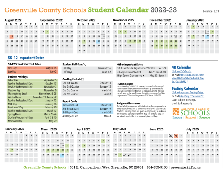 Greenville County Schools District Calendar 20222023 PDF