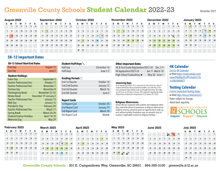 Greenville County Schools District Calendar 2022 2023 PDF