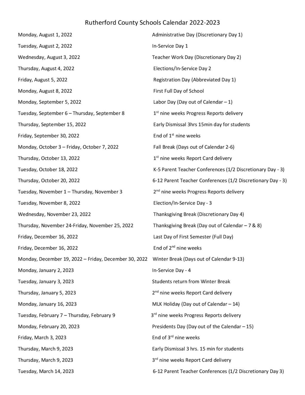Rutherford County Schools Calendar Holidays 2022 2023 PDF