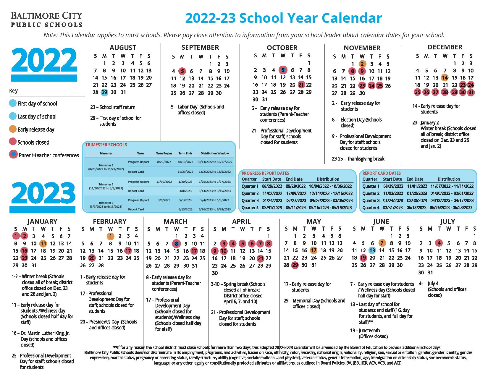 Baltimore City Public Schools Calendar 2022 2023