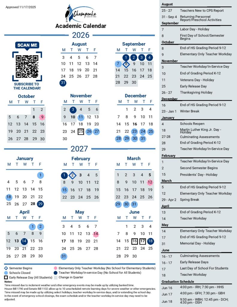 Chesapeake Public Schools Calendar 2026-2027