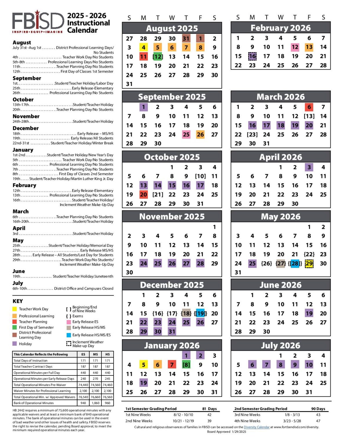 Fort Bend Independent School District Calendar 20252026 School