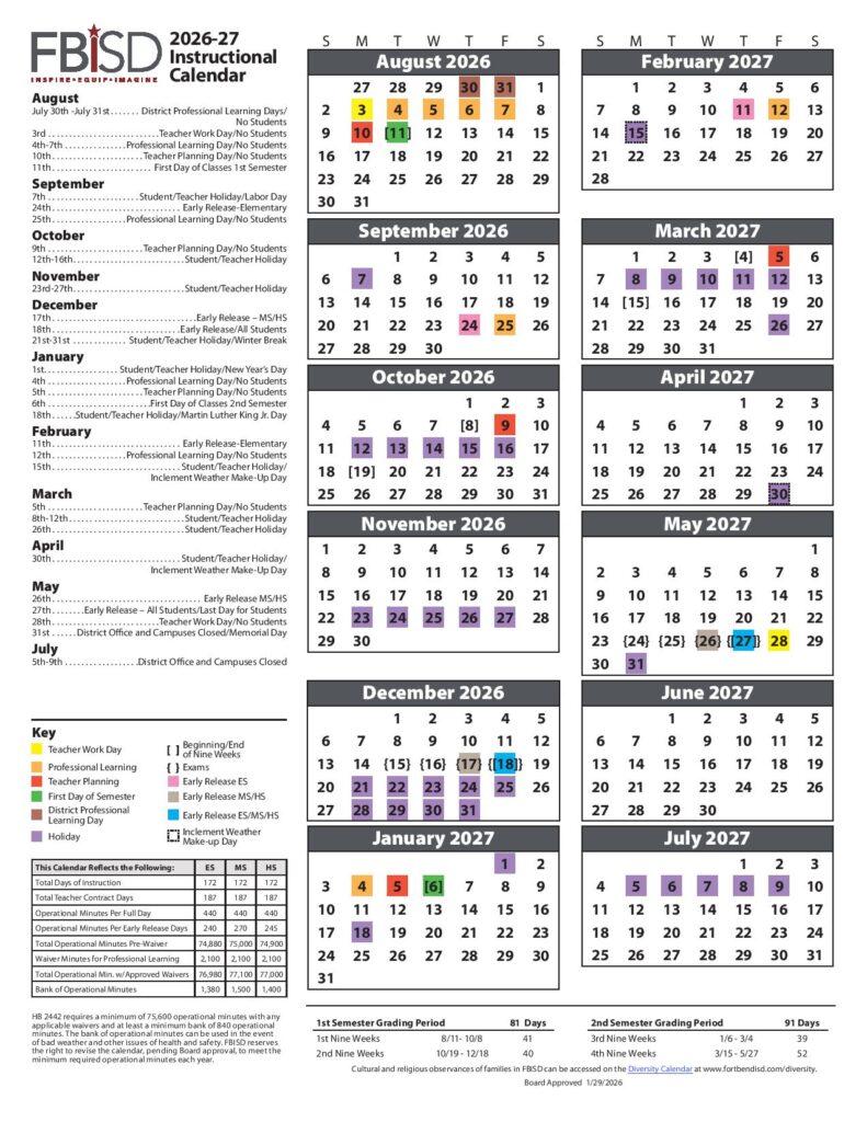Fort Bend Independent School District Calendar 2026-2027