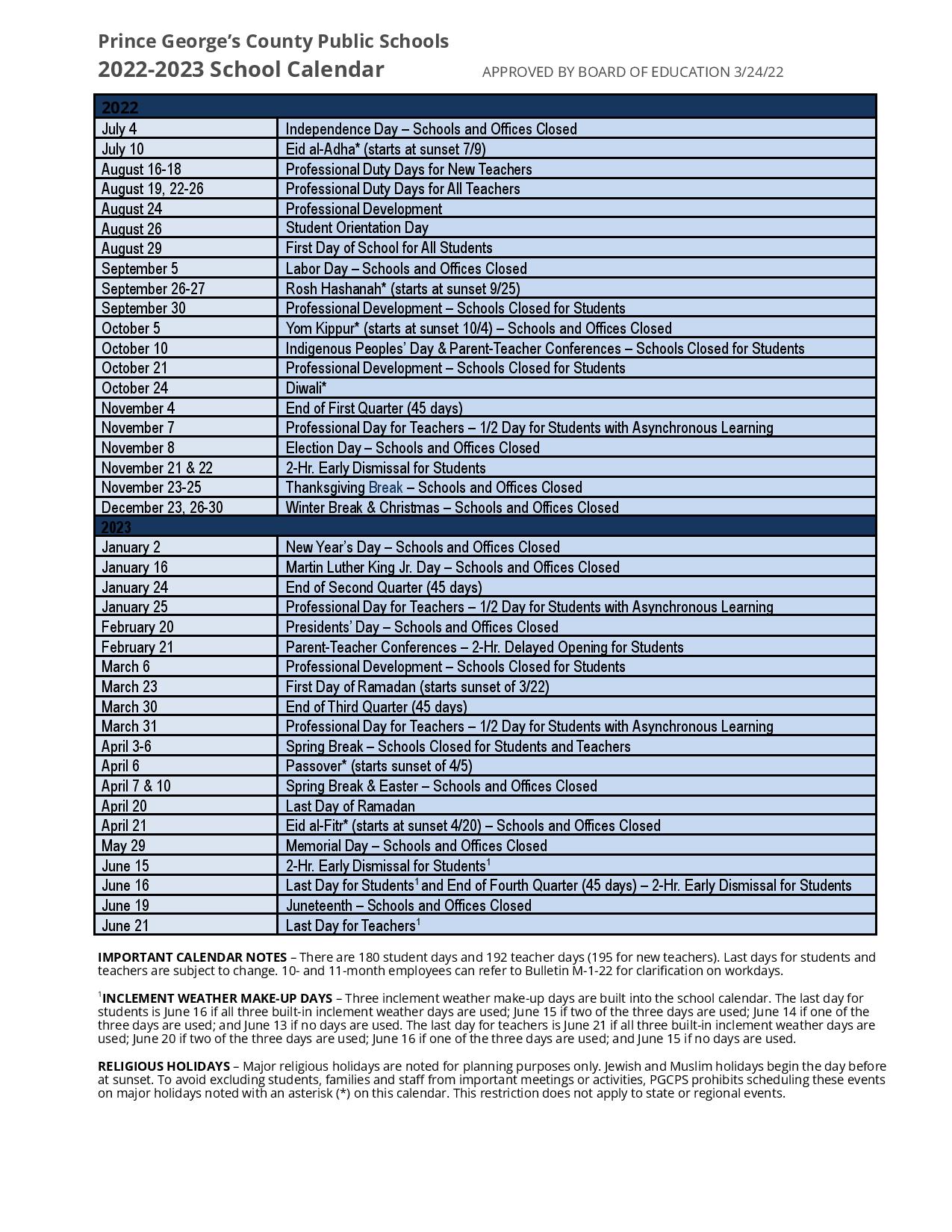 Prince George's County Public Schools Calendar 2022-2023
