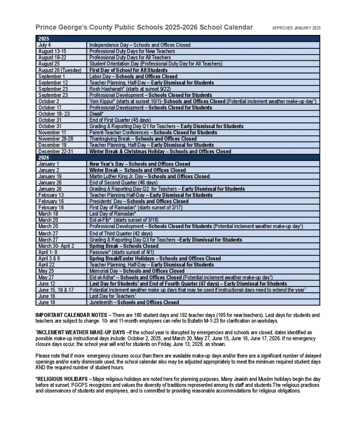 Prince George s County Public Schools Calendar 2025 2026