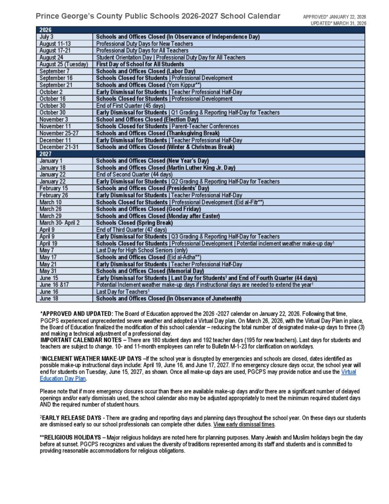 Prince George’s County Public Schools Calendar 2026-2027
