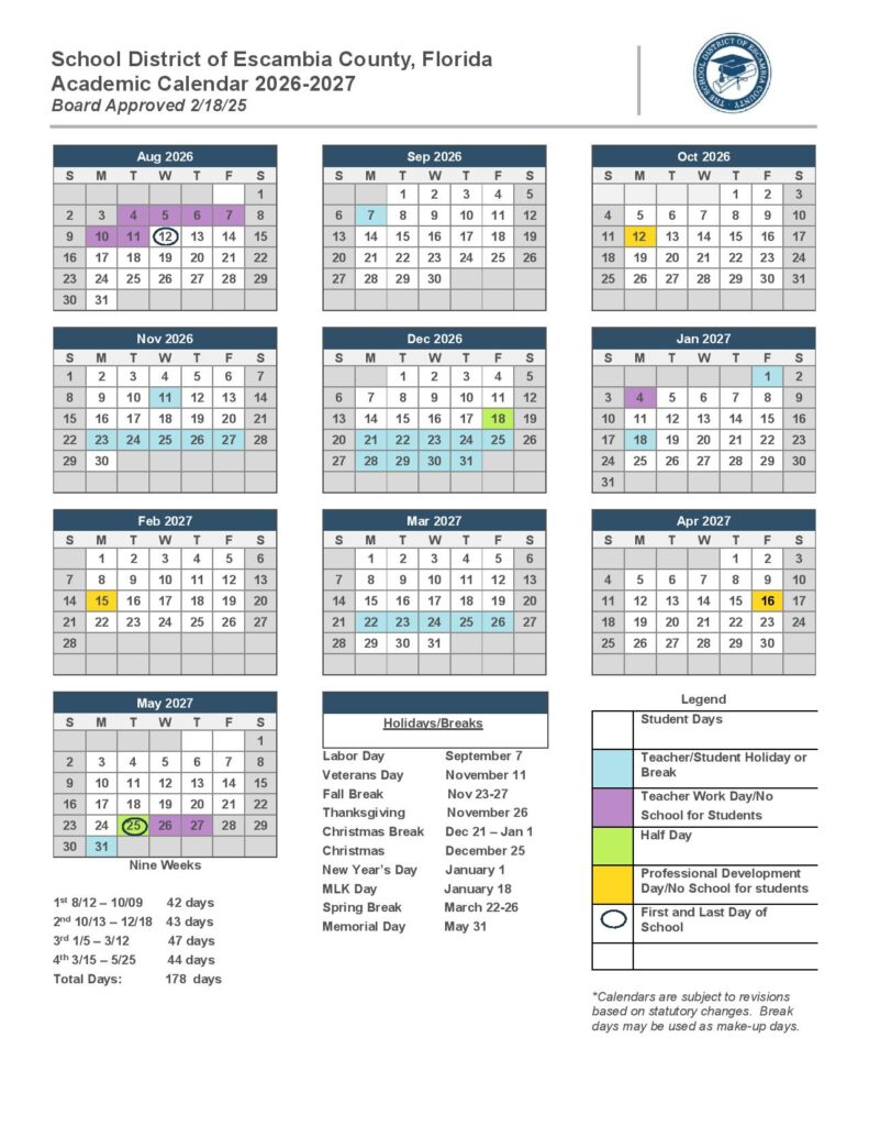 Escambia County School District Calendar 2026-2027