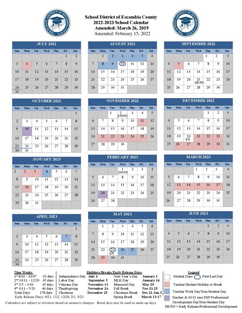 Escambia County School District Calendar 20222023