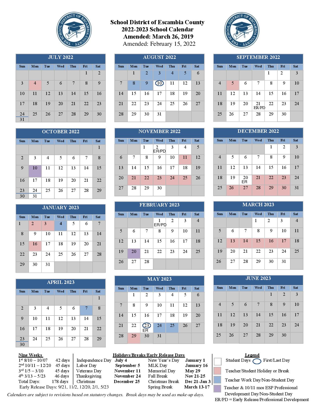 Escambia County School District Calendar 2022 2023