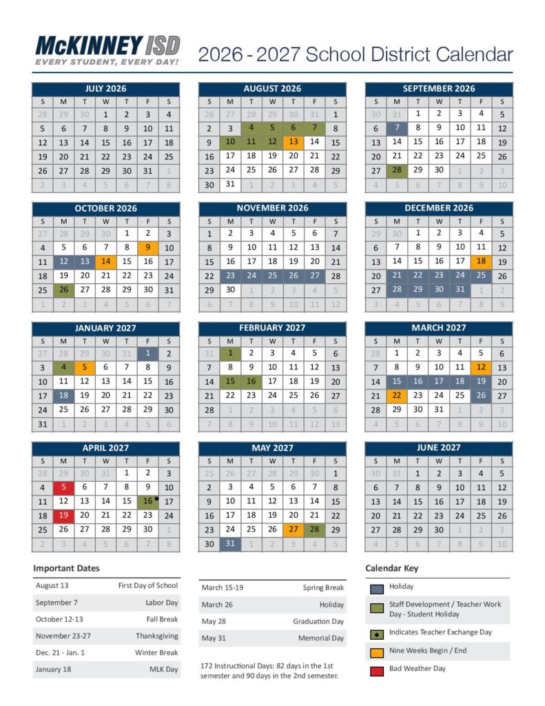 McKinney Independent School District Calendar 2026-2027