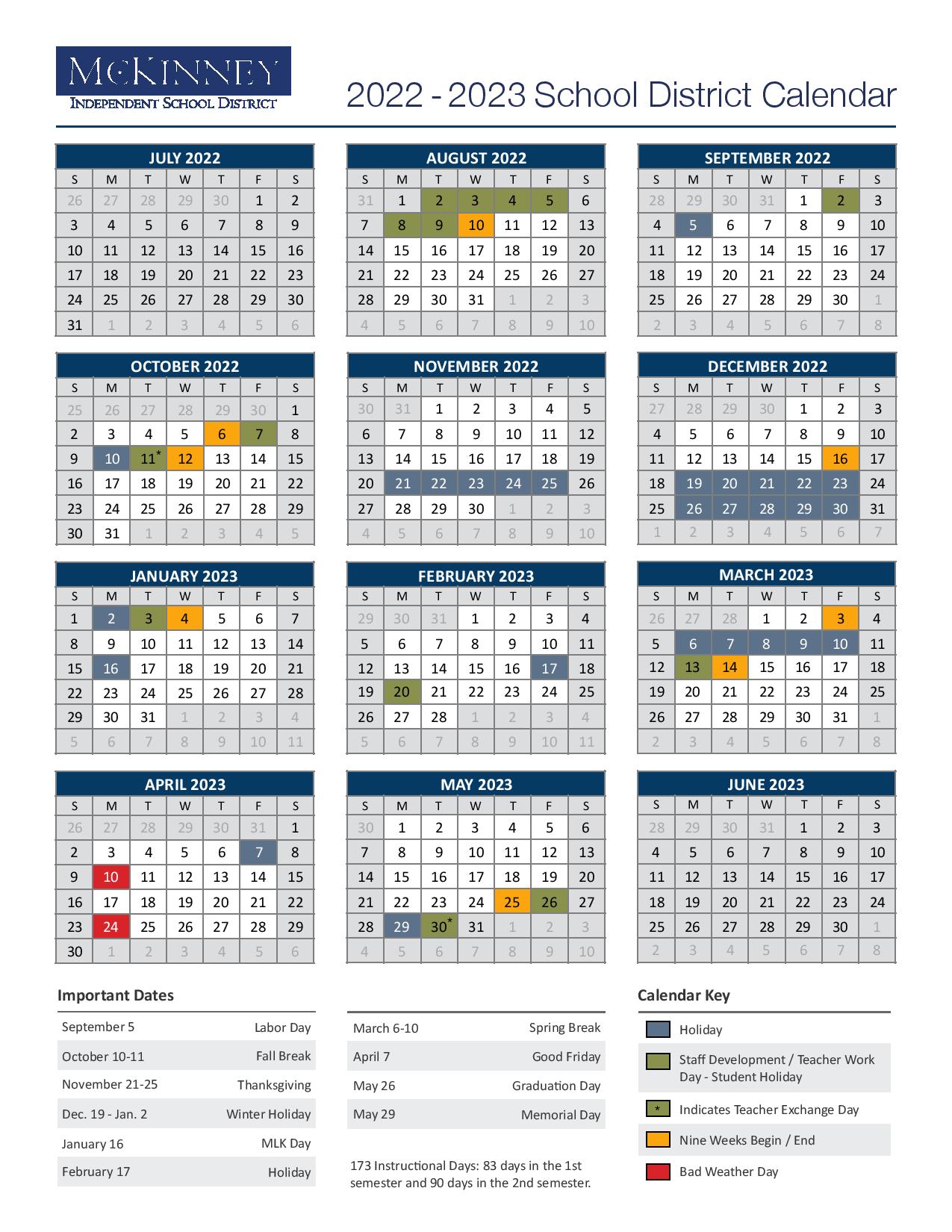 McKinney Independent School District Calendar 2022-2023