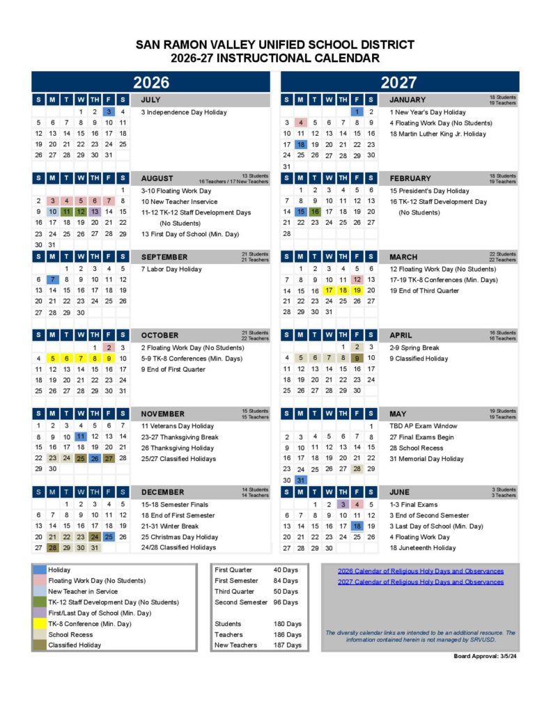 San Ramon Valley Unified School District Calendar 2026-2027