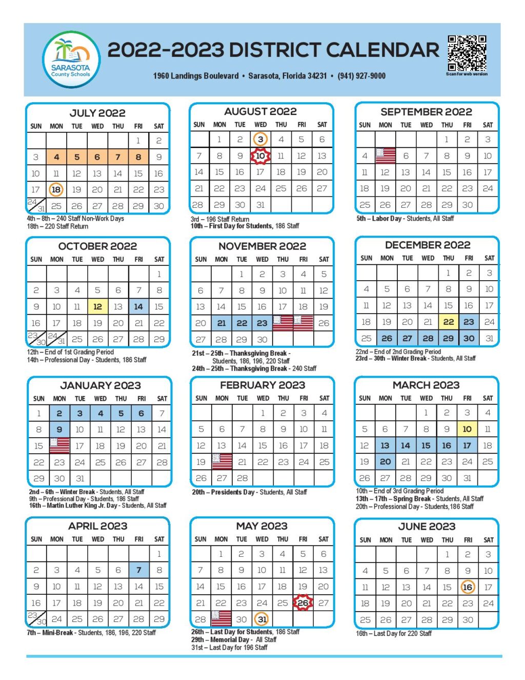 Sarasota County Schools Calendar 2023 with Holidays School Calendar Info